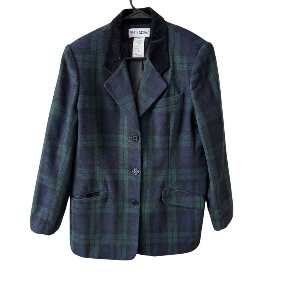 Vintage Plaid Blazer Jacket Velvet Collar Size 10 Blue Green Holidays Festive - Picture 10 of 10